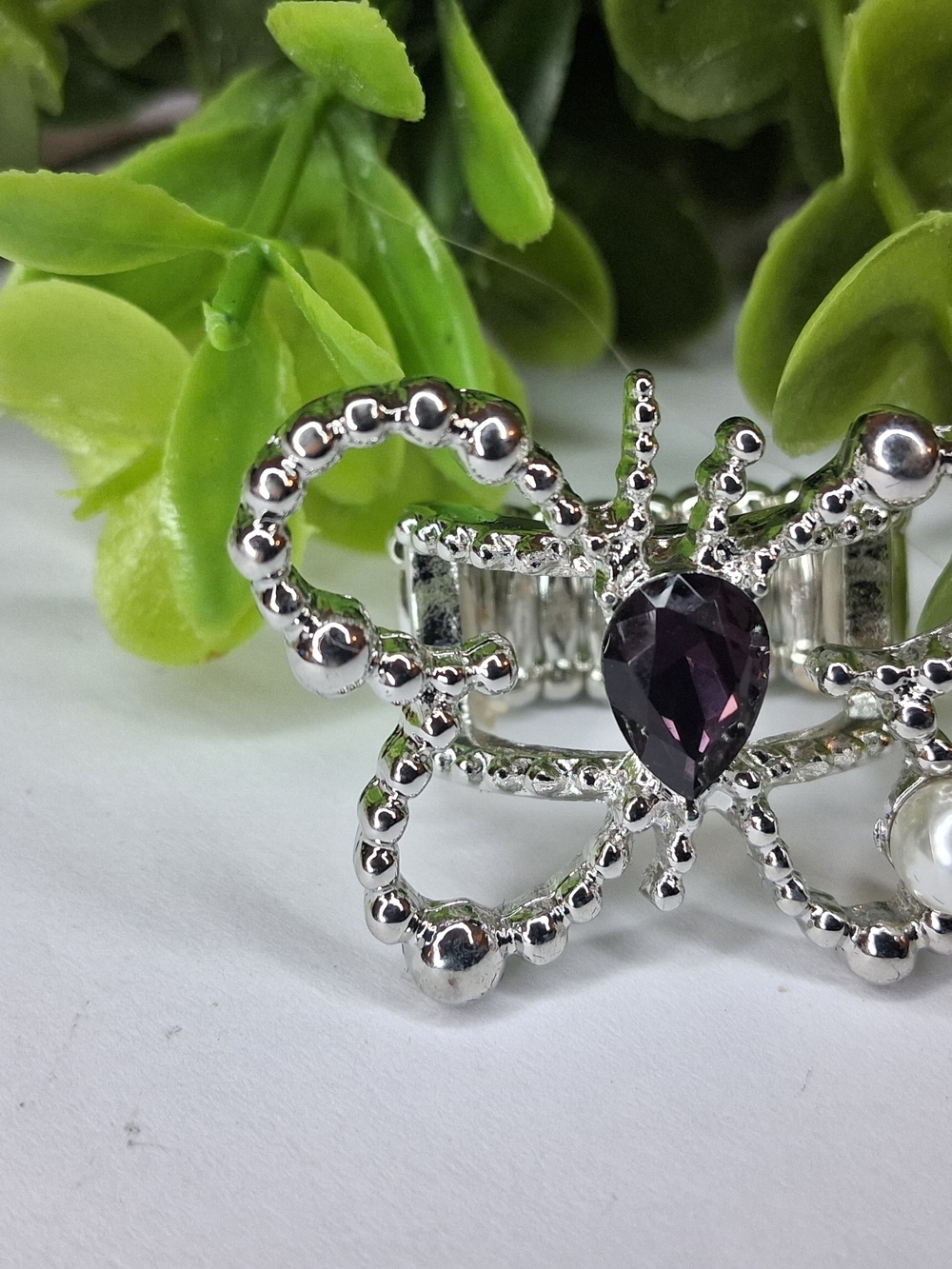 Silver Butterfly Ring with Deep Purple Teardrop Gem
